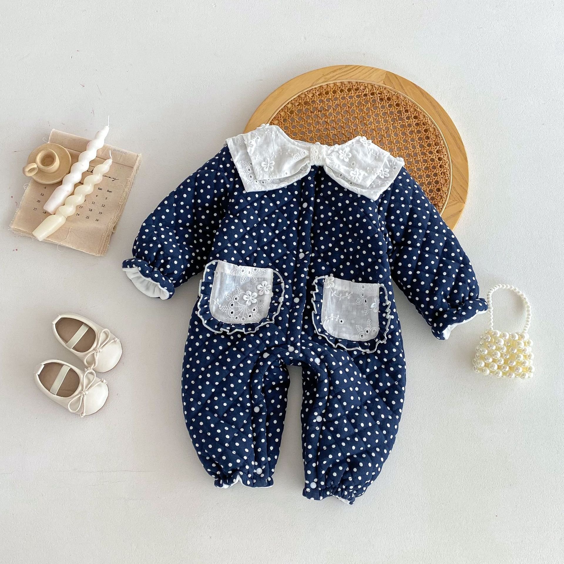 Wholesale 2024 Winter Baby Clothing Fashion Polka Dot Floral Long Sleeve Cotton Baby Rompers