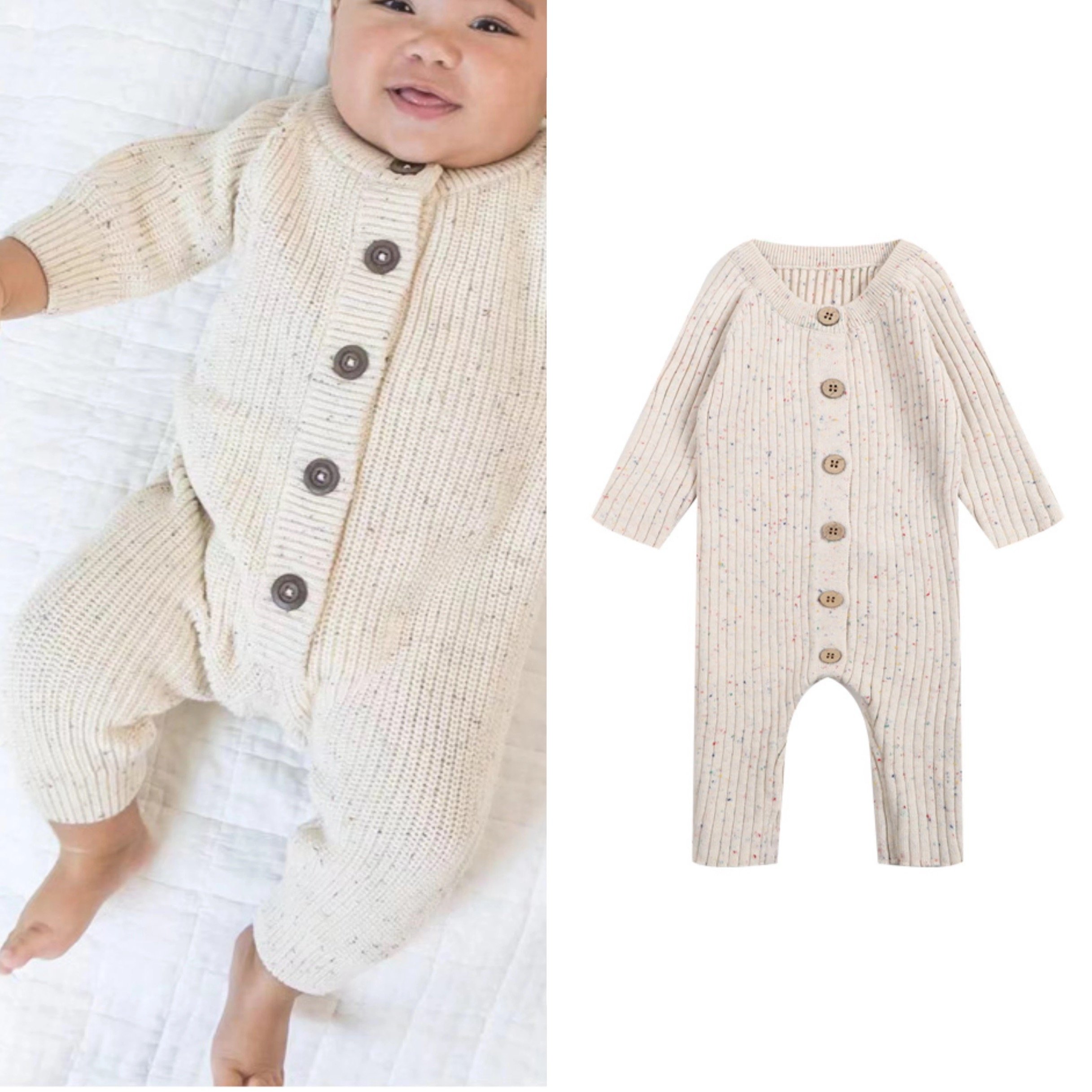 Ready To Ship Autumn Winter Soft Speckle Cotton Long Sleeve Button Neutral Baby Sweater Knit Onesie Jumpsuit for Infant Newborn