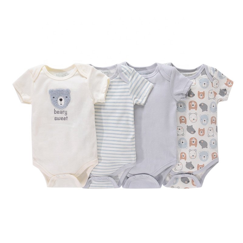 Wholesale short sleeve 4 piece set cotton cute newborn jumpsuits summer 0-3months baby romper