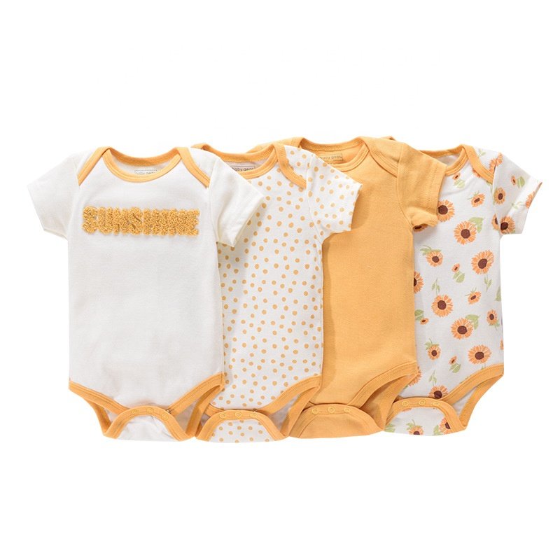 Wholesale short sleeve 4 piece set cotton cute newborn jumpsuits summer 0-3months baby romper