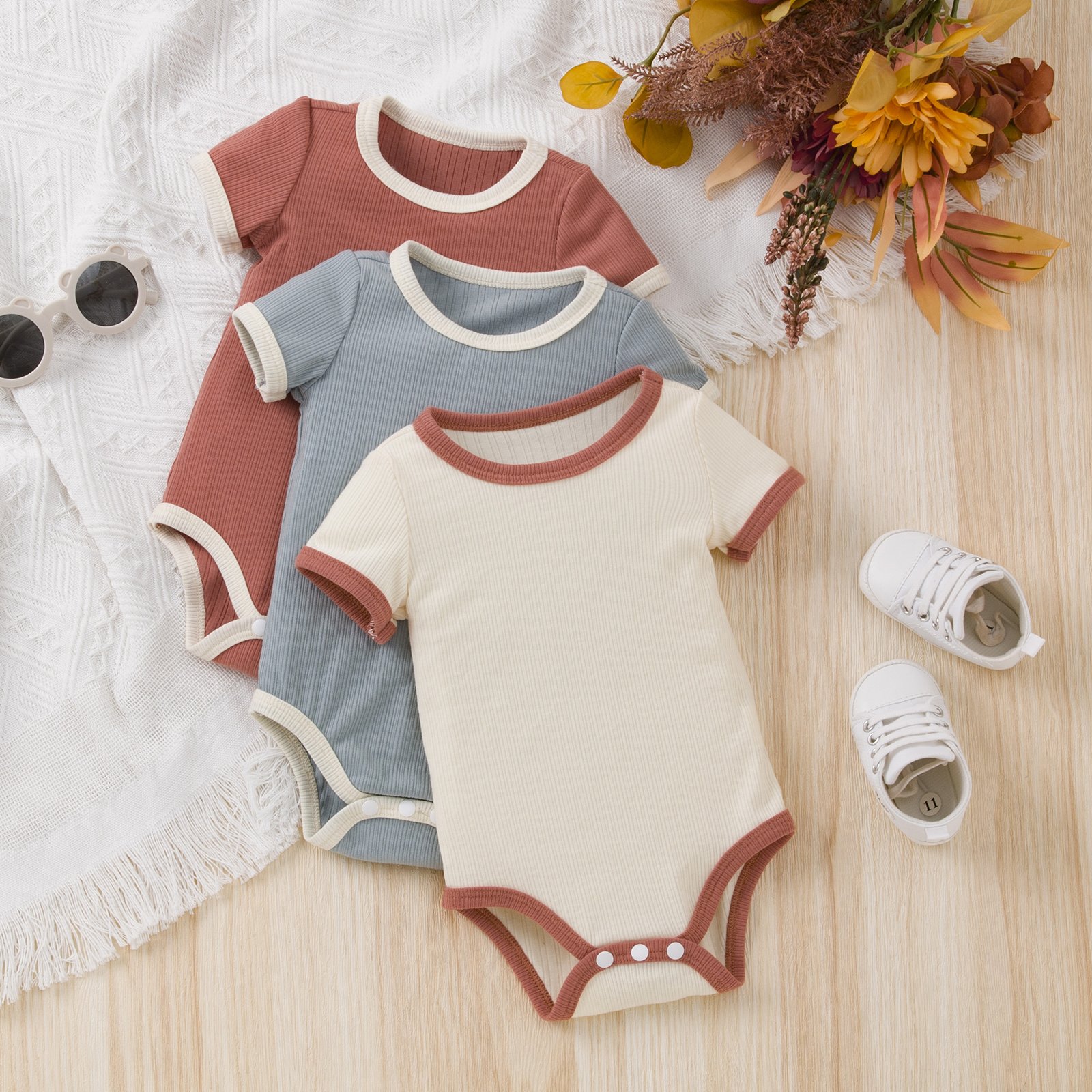 Newborn Baby Wholesale Babany bebe Unisex Baby Bodysuit Boys & Girls Short Sleeve Rompers Splicing Solid Color Clothes