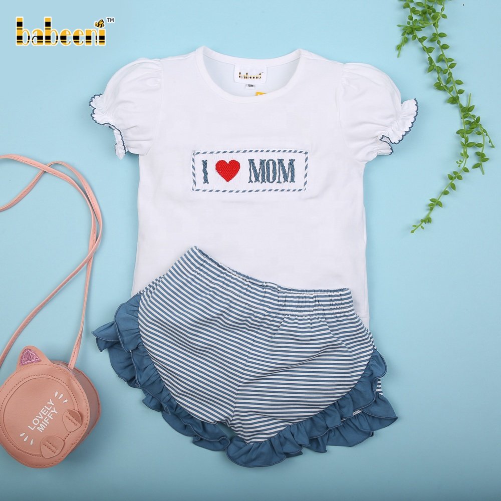 I Love Mom Hand Smocked baby Two Piece Set ODM OEM Wholesale Smocked Children Clothing - BB3050