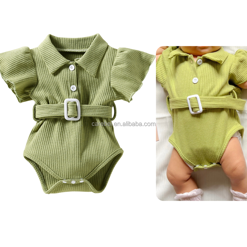 Customized Label Neutral Infant Summer Clothes Baby Girl Clothes Pink Waffle Flying Sleeve Belt Romper 0-18M