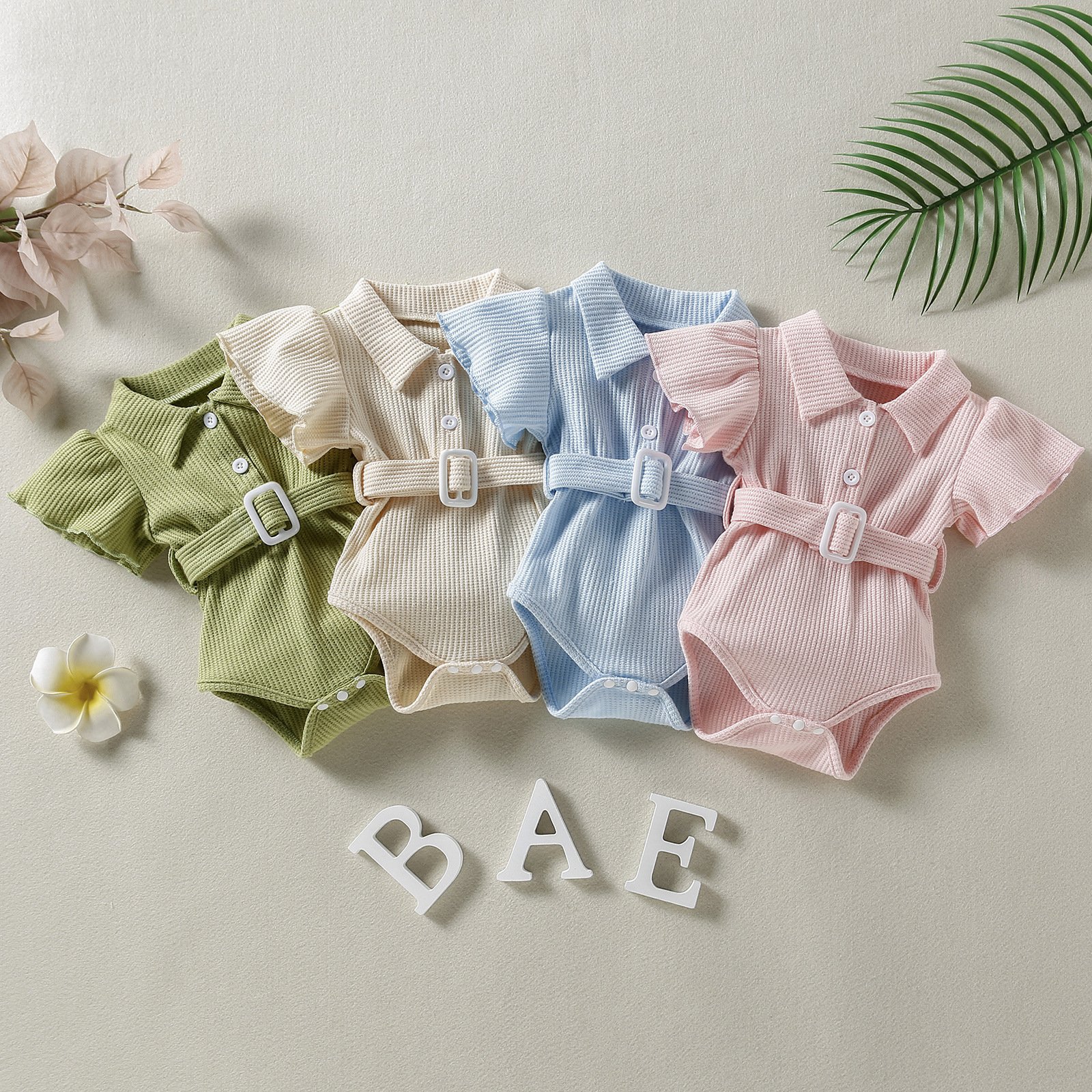 Customized Label Neutral Infant Summer Clothes Baby Girl Clothes Pink Waffle Flying Sleeve Belt Romper 0-18M