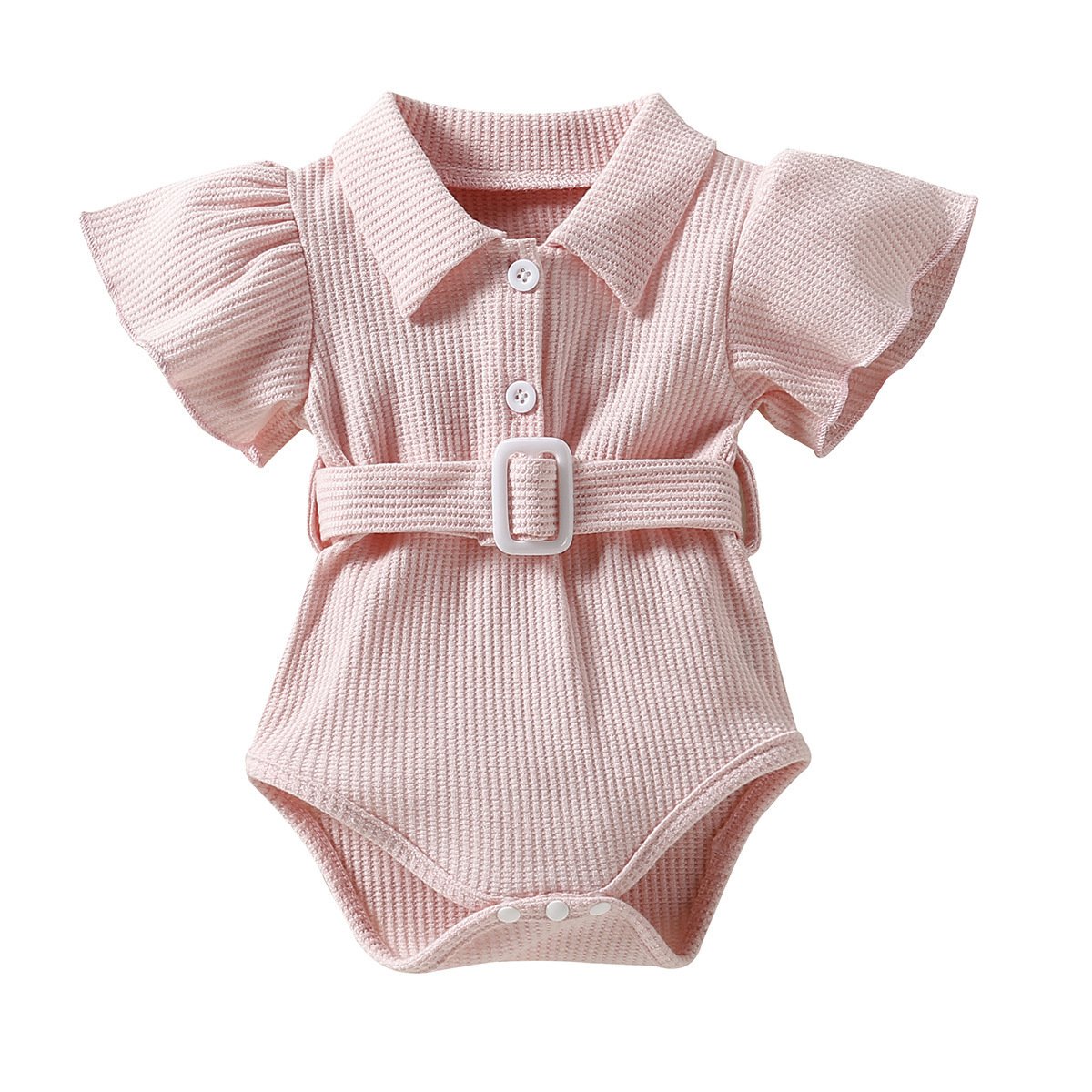 Customized Label Neutral Infant Summer Clothes Baby Girl Clothes Pink Waffle Flying Sleeve Belt Romper 0-18M