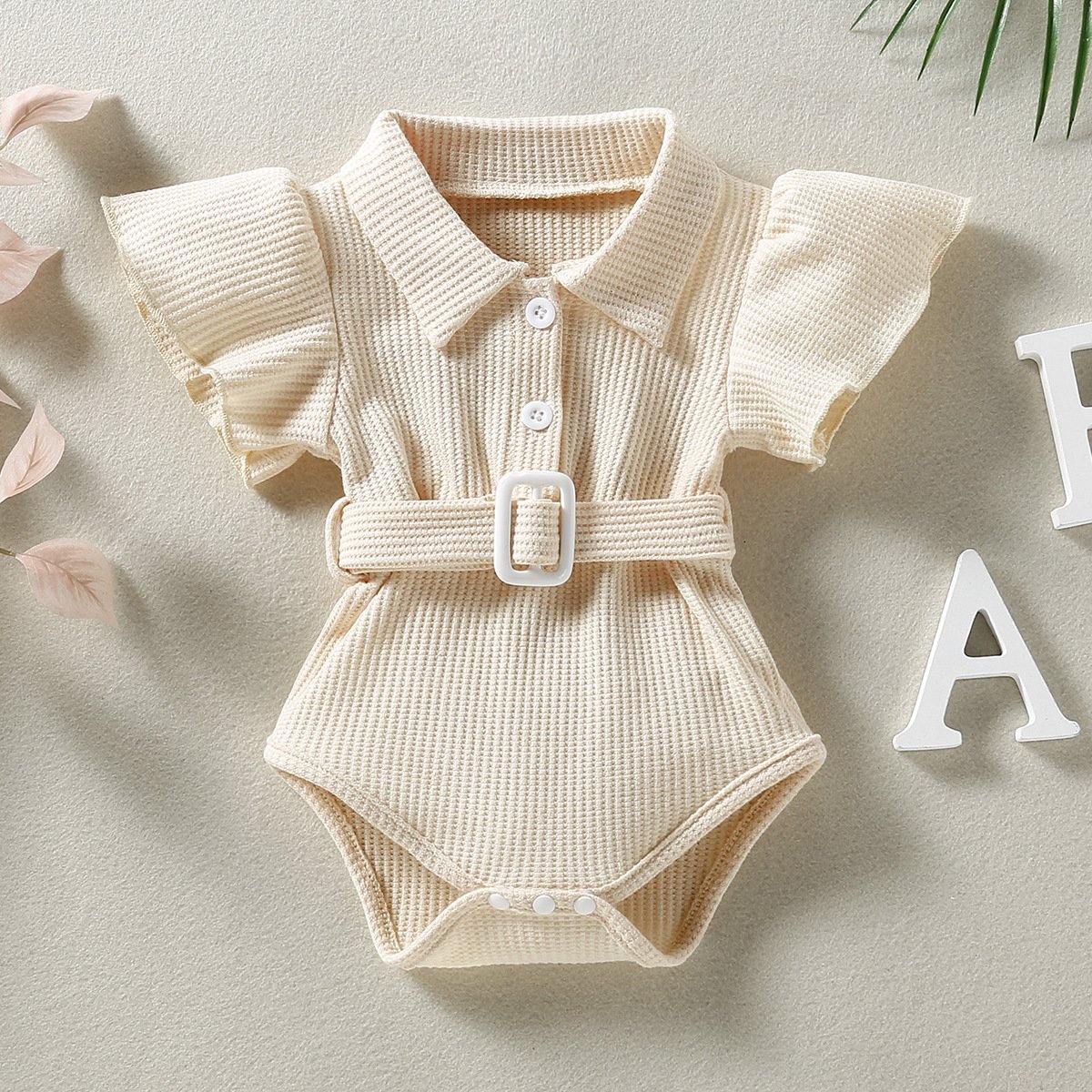 Customized Label Neutral Infant Summer Clothes Baby Girl Clothes Pink Waffle Flying Sleeve Belt Romper 0-18M