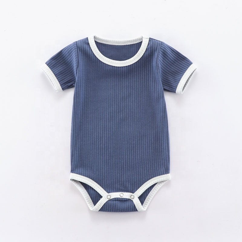 Custom logo ribbed baby onesie newborn baby clothes solid o-neck short sleeves rib baby romper