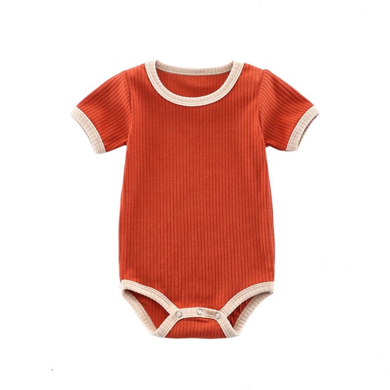Custom logo ribbed baby onesie newborn baby clothes solid o-neck short sleeves rib baby romper