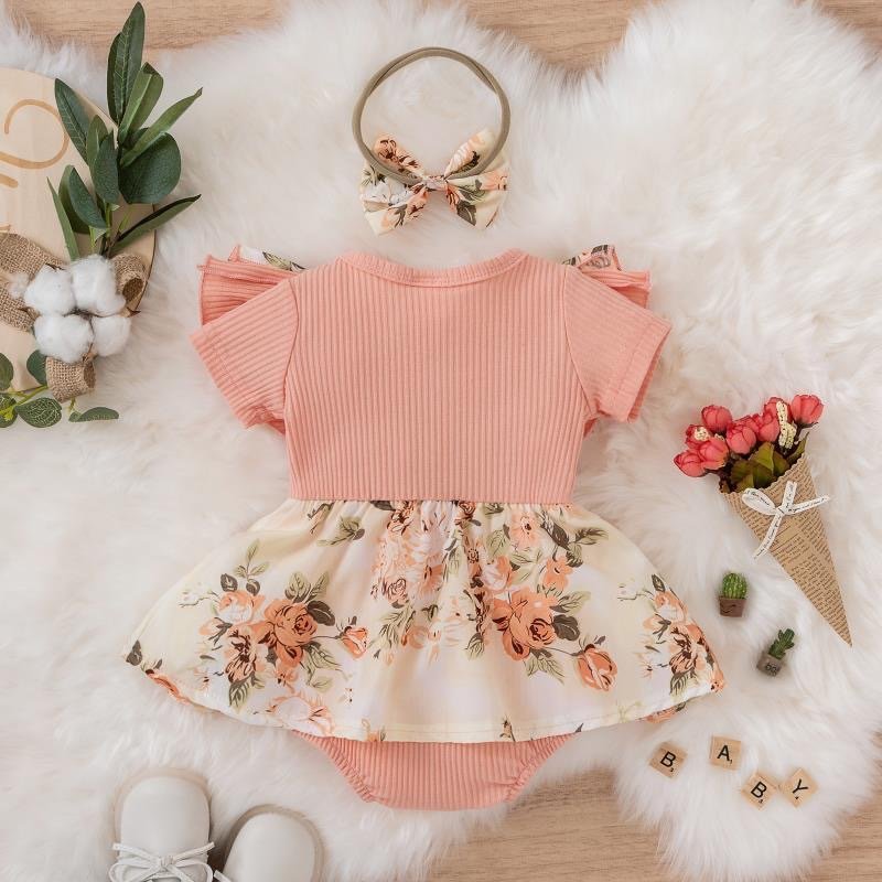 Infant Baby Girls Short Sleeve Romper Cute Flowers Printed Ruffle Jumpsuits +headband Suit Newborn Baby Clothes