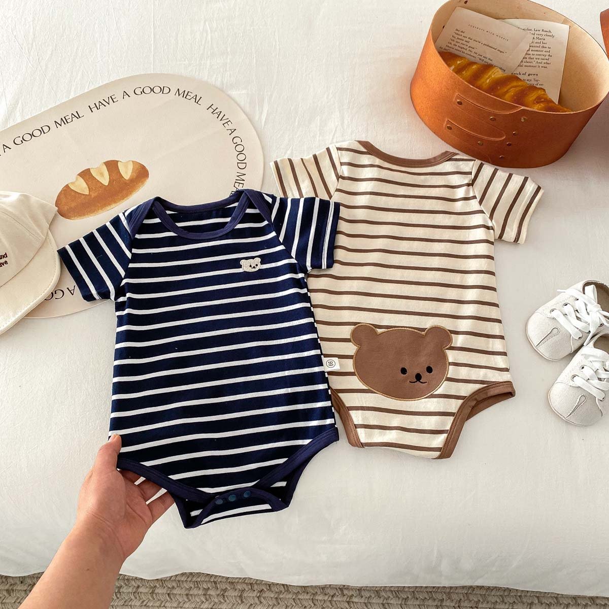 Summer Ins Baby New Short Sleeve Jumpsuit Boys Girls Striped Cartoon Bear Romper