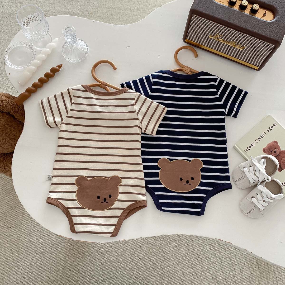 Summer Ins Baby New Short Sleeve Jumpsuit Boys Girls Striped Cartoon Bear Romper