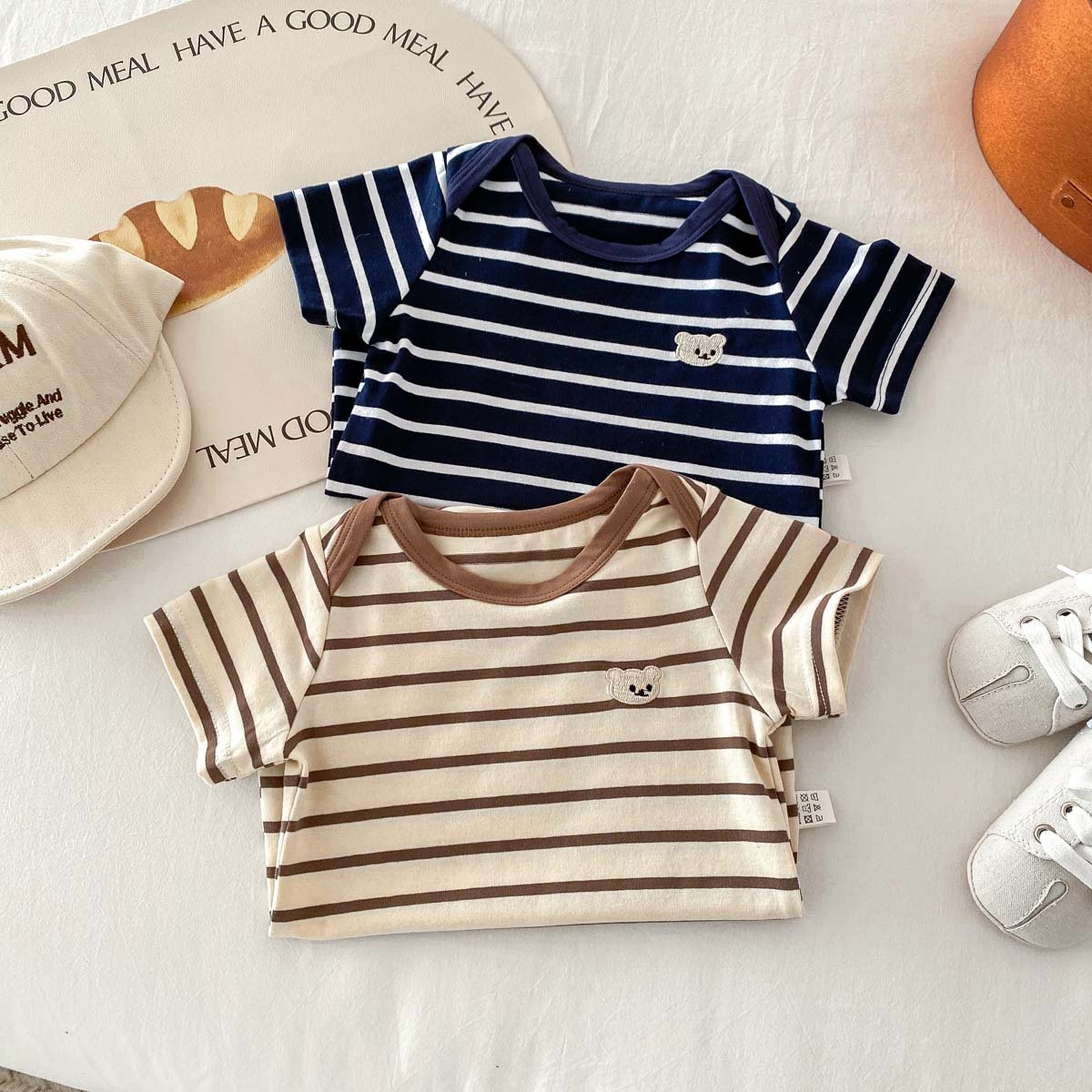Summer Ins Baby New Short Sleeve Jumpsuit Boys Girls Striped Cartoon Bear Romper