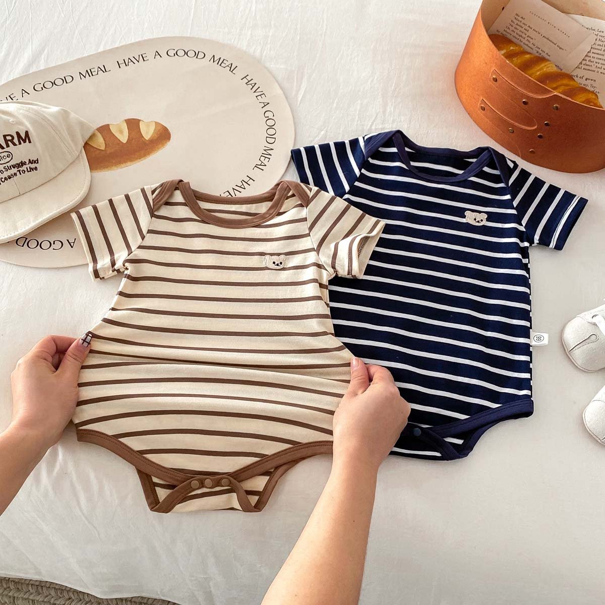 Summer Ins Baby New Short Sleeve Jumpsuit Boys Girls Striped Cartoon Bear Romper