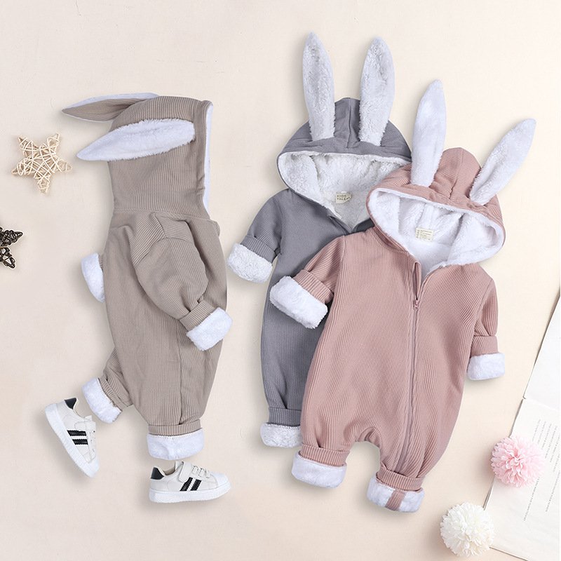 Winter Baby Rompers Newborn Clothes Rabbit Ear Hooded Thicken Long Sleeve Jumpsuit infant kids Costume Baby Romper Winter Fleece