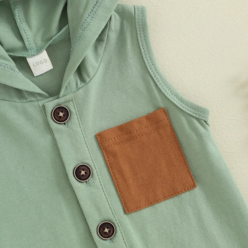 Hooded Summer Rolled Hem Outfits Custom Baby Tank Top Romper Hoodie Playsuit Children Sleeveless Henley Pocket Onesie