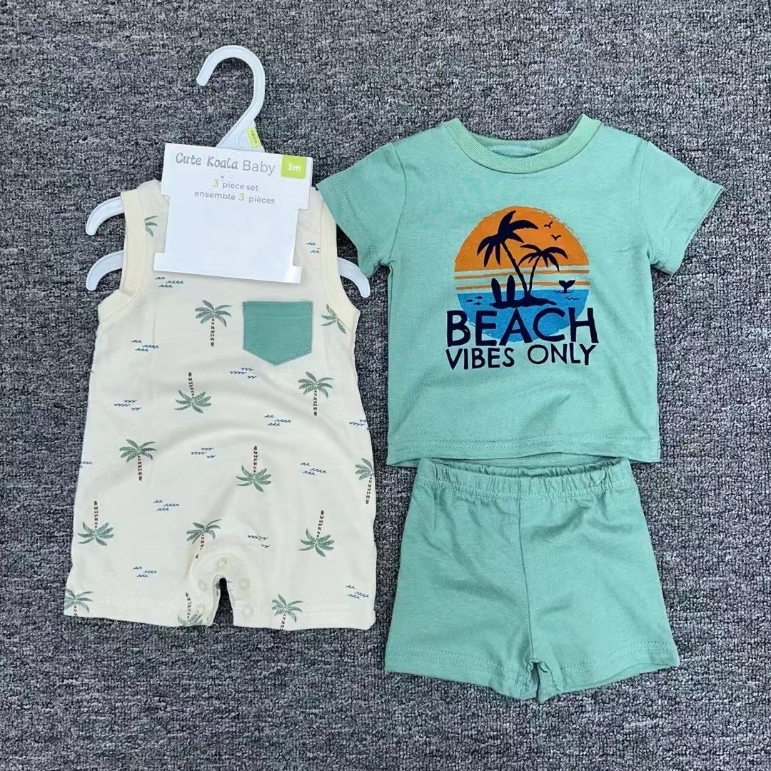 Wholesale Newborn baby clothes soft cotton custom print designs infants baby rompers +T-shirt +shorts 3 piece sets clothes