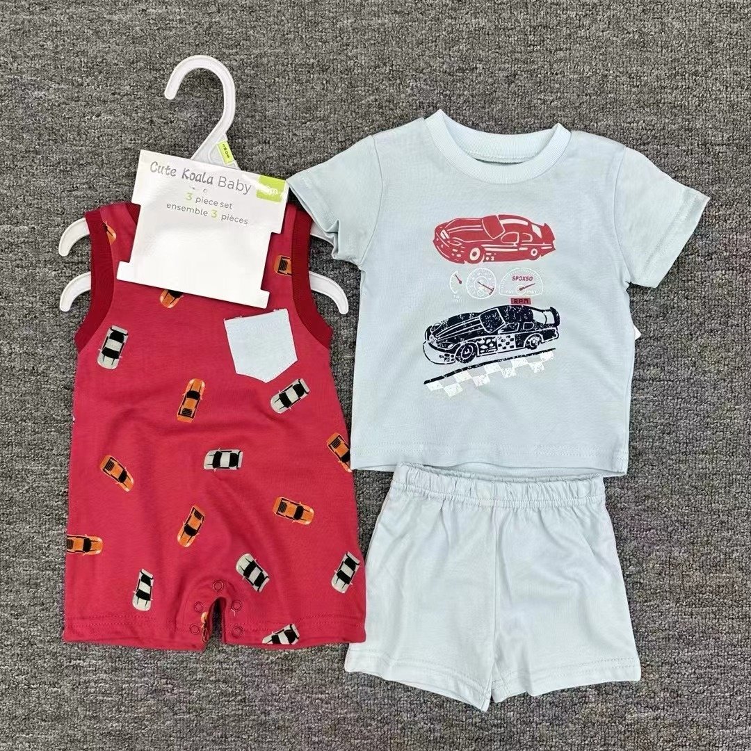 Wholesale Newborn baby clothes soft cotton custom print designs infants baby rompers +T-shirt +shorts 3 piece sets clothes