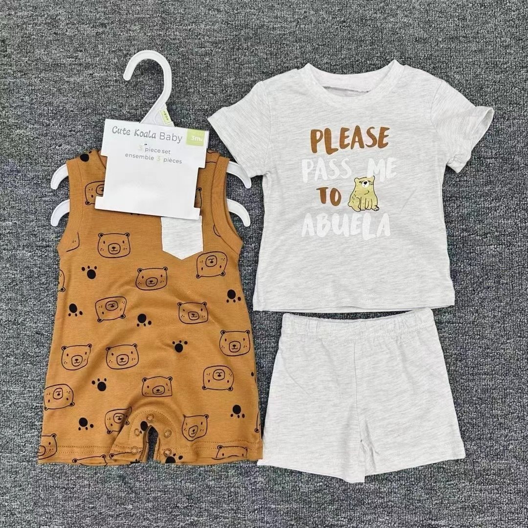 Wholesale Newborn baby clothes soft cotton custom print designs infants baby rompers +T-shirt +shorts 3 piece sets clothes