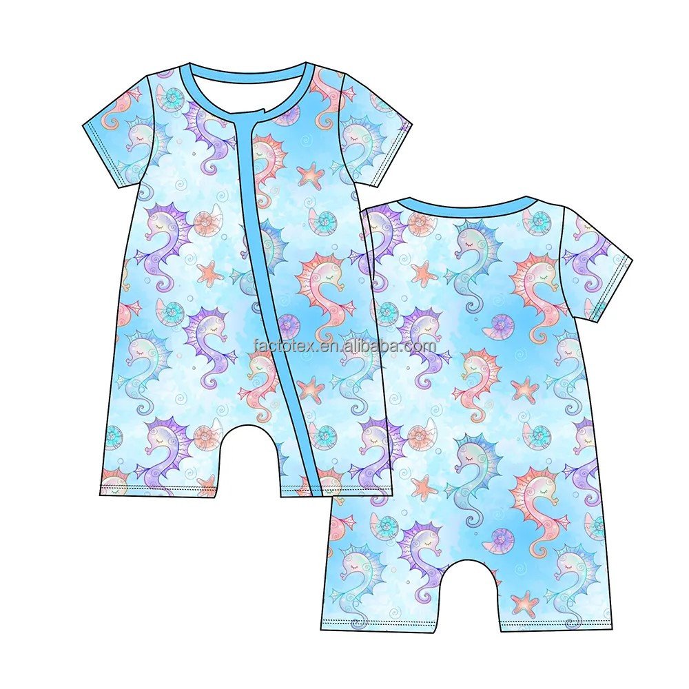 Custom Printed Cartoon Pattern Summer Baby Bamboo Crawl Romper Toddler Short Sleeve Go Out Baby Zip Romper