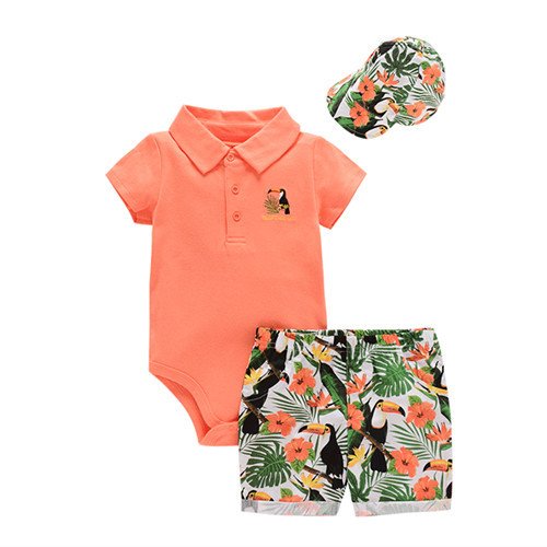 Good Sale Summer Lapel Short Sleeve Romper 3-piece Set Knitted Cotton Clothes Clothing Set With Hat