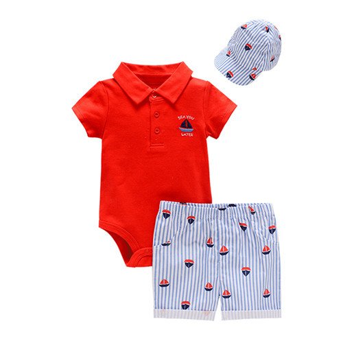 Good Sale Summer Lapel Short Sleeve Romper 3-piece Set Knitted Cotton Clothes Clothing Set With Hat