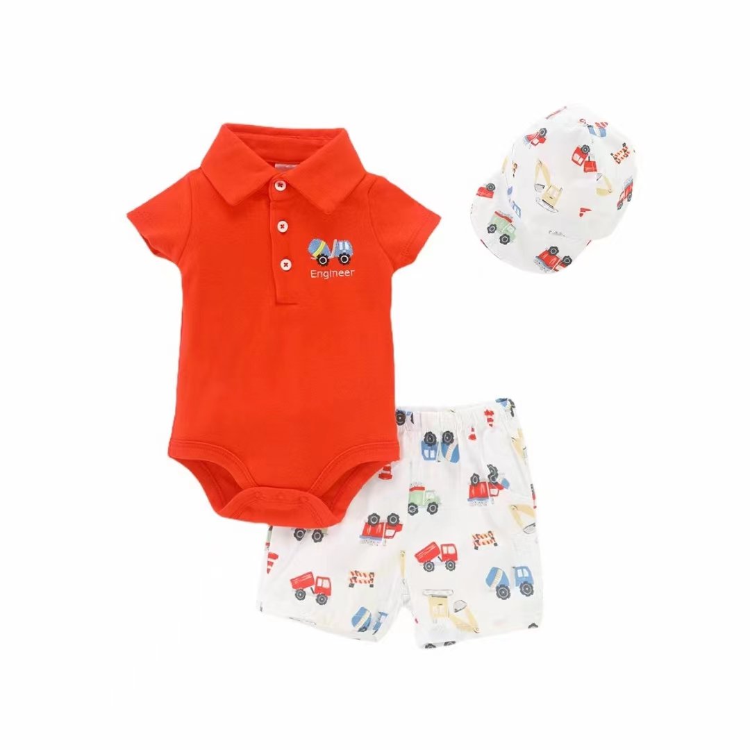 Good Sale Summer Lapel Short Sleeve Romper 3-piece Set Knitted Cotton Clothes Clothing Set With Hat