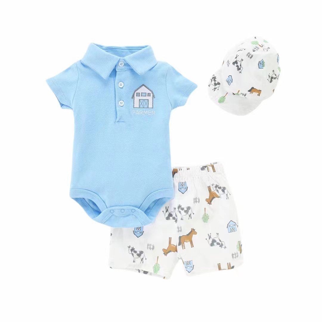 Good Sale Summer Lapel Short Sleeve Romper 3-piece Set Knitted Cotton Clothes Clothing Set With Hat
