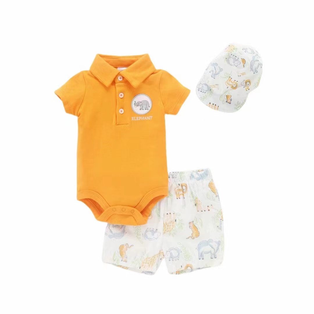 Good Sale Summer Lapel Short Sleeve Romper 3-piece Set Knitted Cotton Clothes Clothing Set With Hat