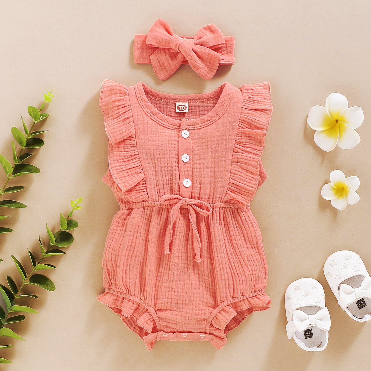 Qufan Oem Newborn Button Lace Jumpsuit Bamboo Cotton Baby Girls' Bubble Knitting Rompers Dress With Bow Tie