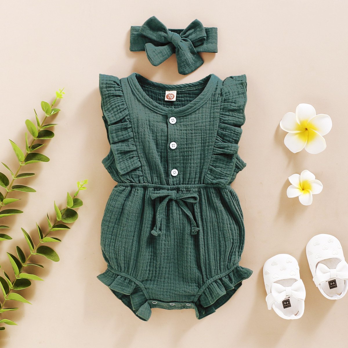 Qufan Oem Newborn Button Lace Jumpsuit Bamboo Cotton Baby Girls' Bubble Knitting Rompers Dress With Bow Tie