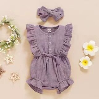 Qufan Oem Newborn Button Lace Jumpsuit Bamboo Cotton Baby Girls' Bubble Knitting Rompers Dress With Bow Tie
