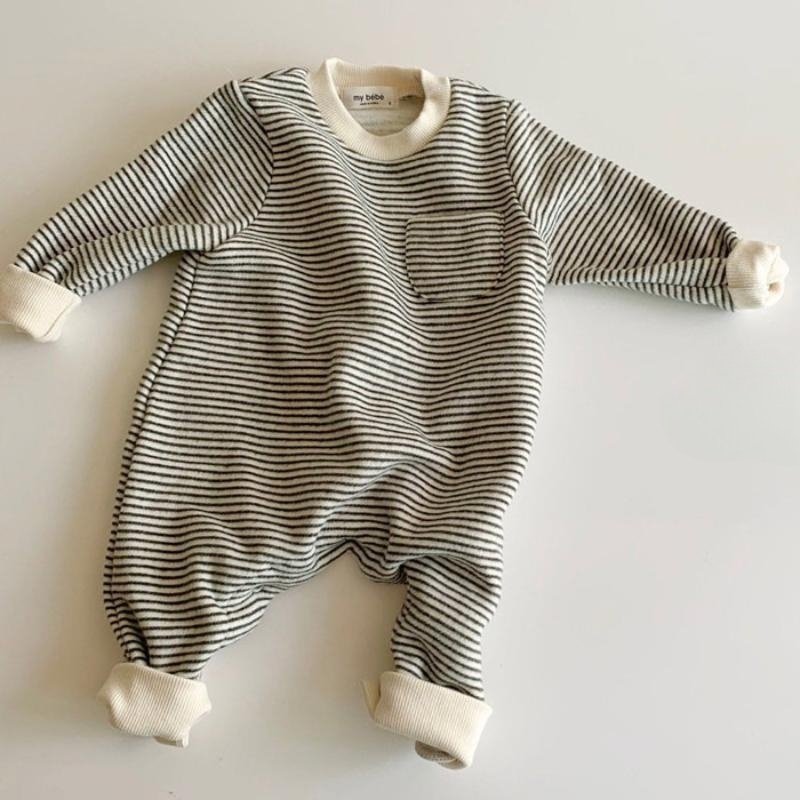 Autumn Winter Newborn Infant Unisex Striped Fleece Lining Snap Button Long Sleeves Jumpsuit Baby Romper With Pocket