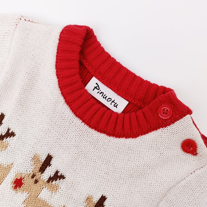 Pinuotu OEM Knit Baby Rompers Cotton Christmas Reindeer Long Sleeve Sweater Unisex Red Santa Xmas Graphic Jumpsuit