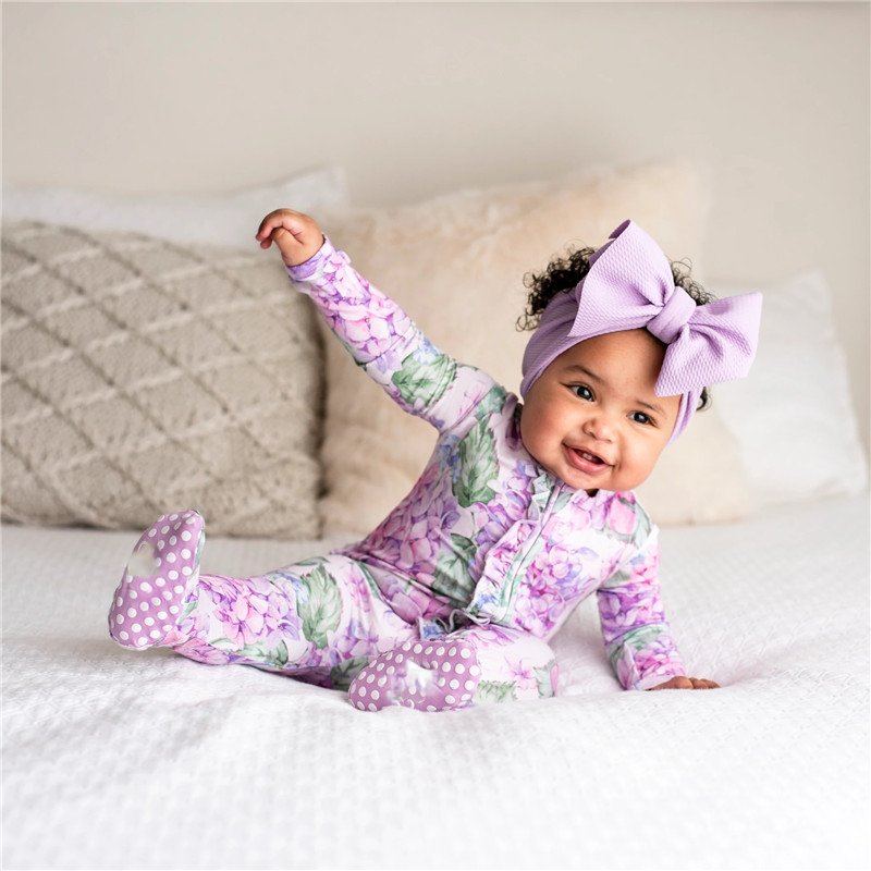 customized design Hydrangea Ruffle Footie sleep and play bamboo baby romper toddler clothes boutique pajamas rayon