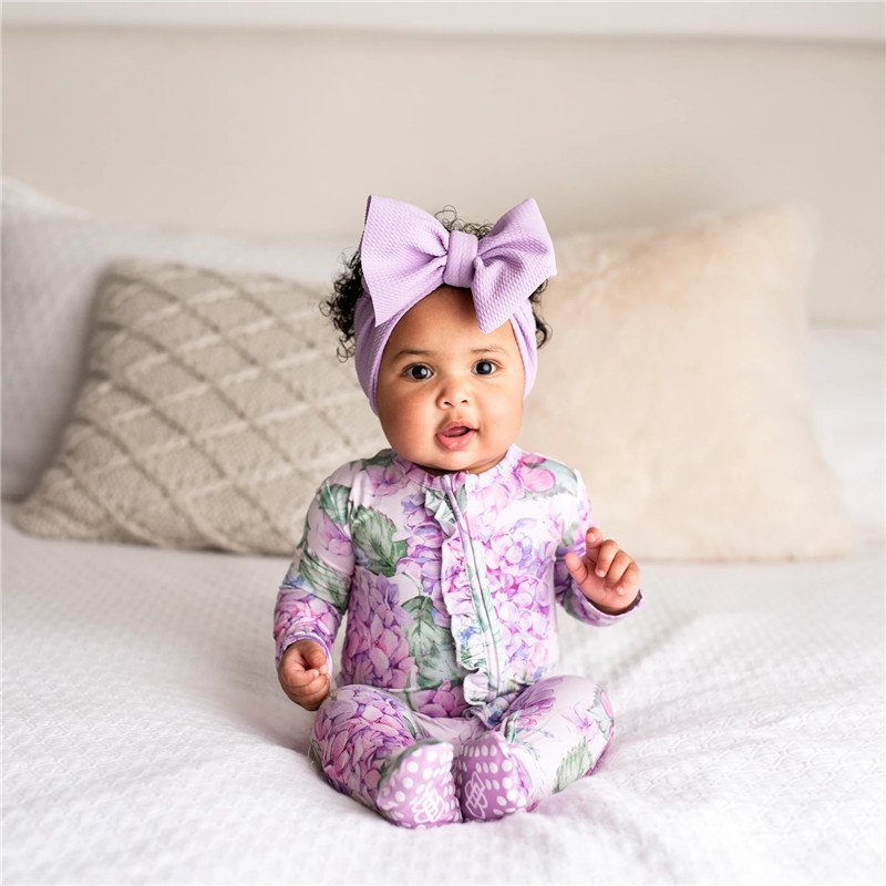 customized design Hydrangea Ruffle Footie sleep and play bamboo baby romper toddler clothes boutique pajamas rayon
