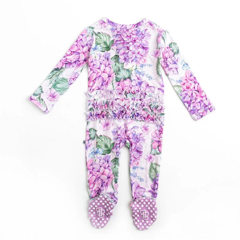 customized design Hydrangea Ruffle Footie sleep and play bamboo baby romper toddler clothes boutique pajamas rayon