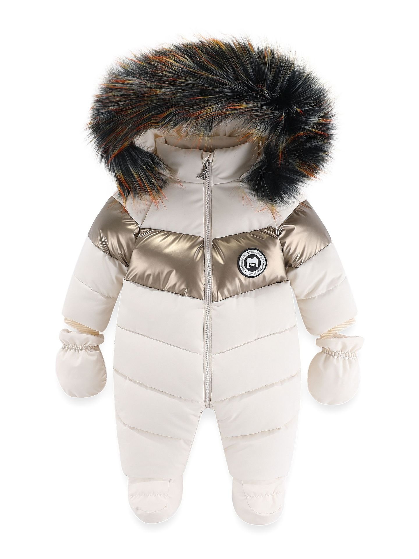 Baby Onesie Fur Collar Hoodie And Fleece Thickened Onesie Winter Crawl Suit With Gloves