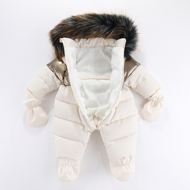 Baby Onesie Fur Collar Hoodie And Fleece Thickened Onesie Winter Crawl Suit With Gloves