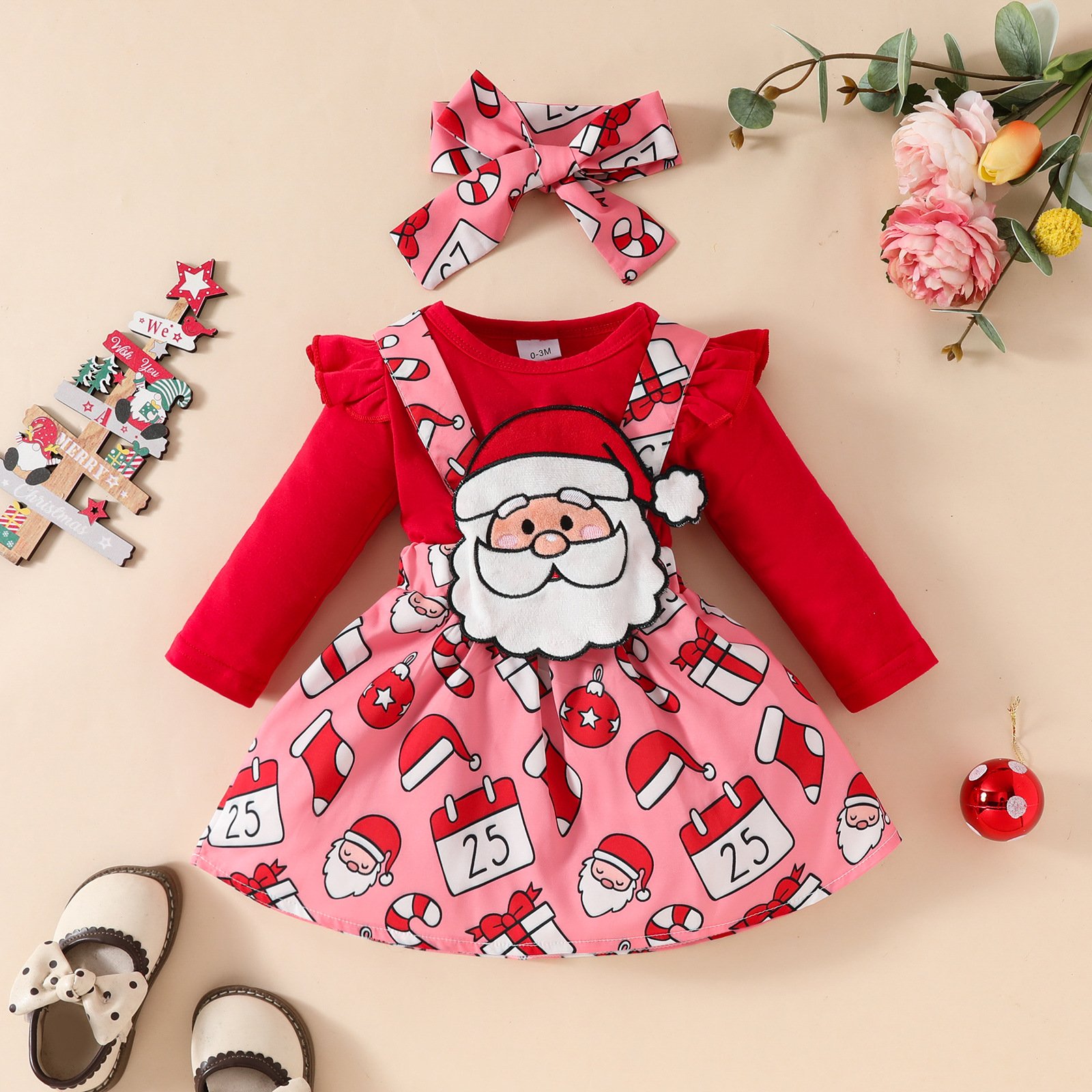 Wholesale Boutique Toddlers Christmas Suits 3pcs Romper+Dress+Headband Princess Baby Girls Clothing Set