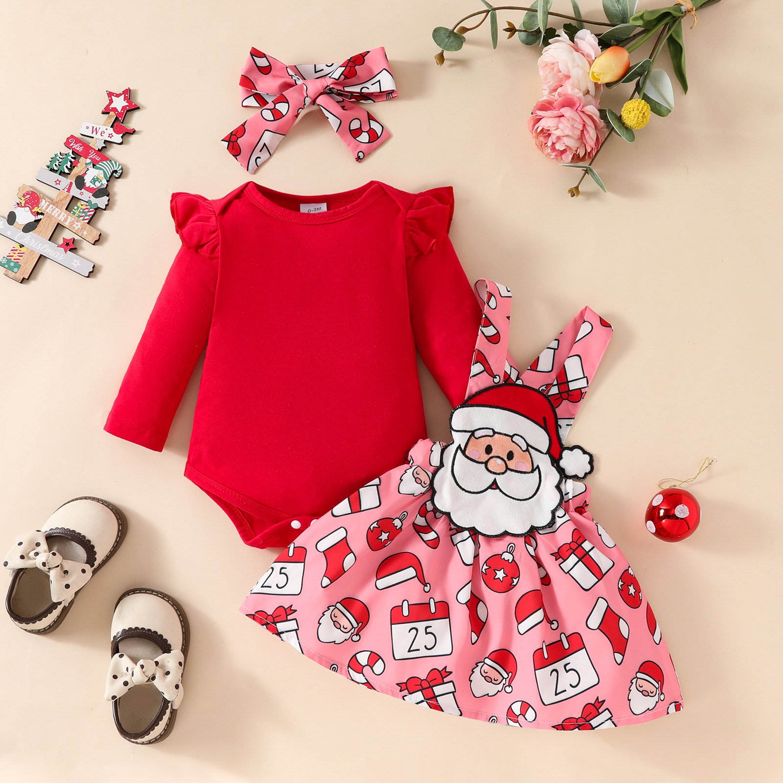 Wholesale Boutique Toddlers Christmas Suits 3pcs Romper+Dress+Headband Princess Baby Girls Clothing Set