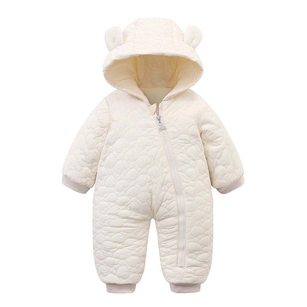 Winter Solid Color Thick Polyester Long Sleeved Hooded Zipper Jumpsuit Romper For Baby New Born Clothing