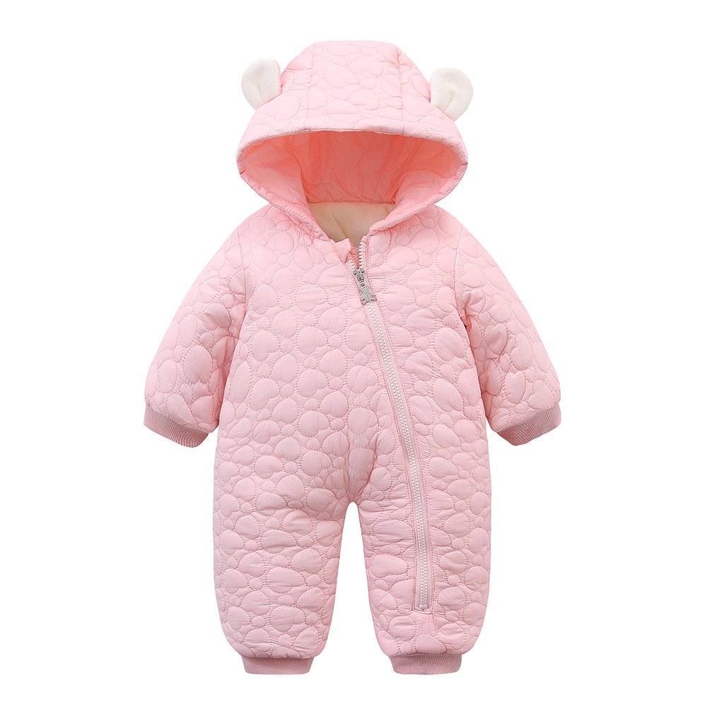 Winter Solid Color Thick Polyester Long Sleeved Hooded Zipper Jumpsuit Romper For Baby New Born Clothing