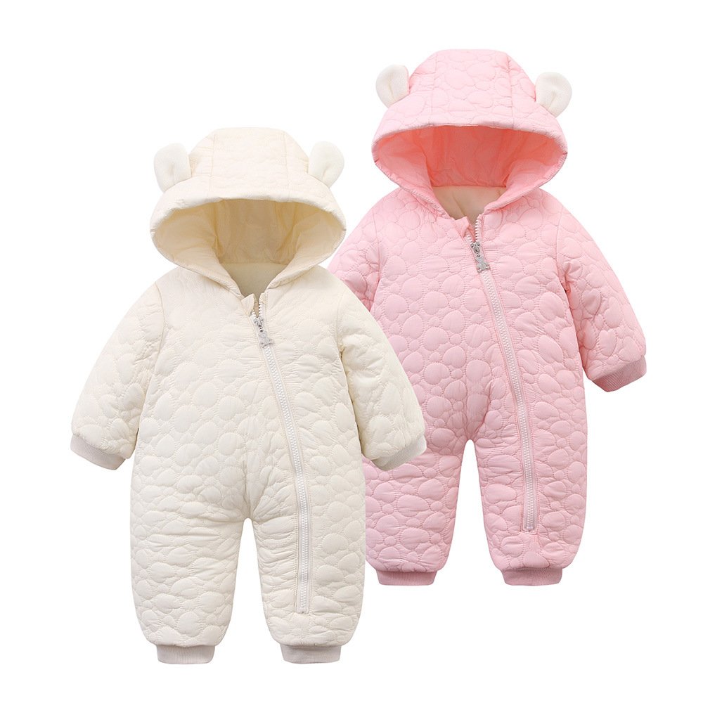 Winter Solid Color Thick Polyester Long Sleeved Hooded Zipper Jumpsuit Romper For Baby New Born Clothing