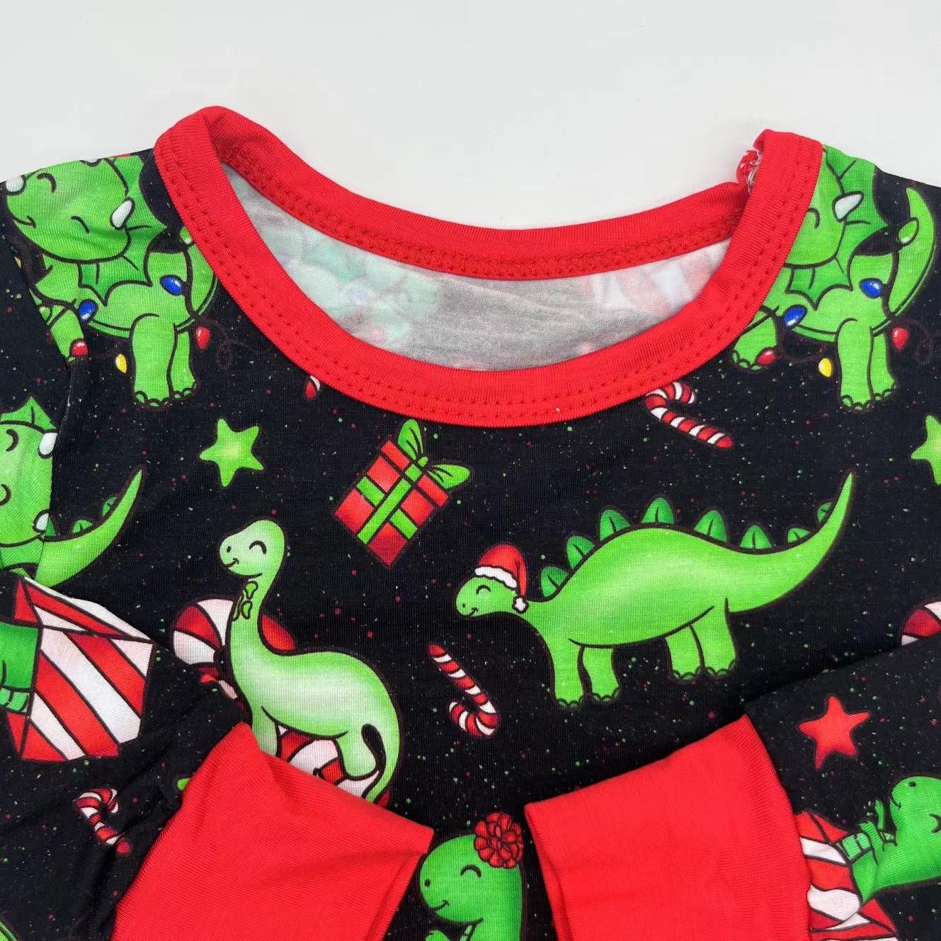 Soft quick dry green dinosaur pattern bamboo fiber custom logo grip ruffle baby clothes for summer