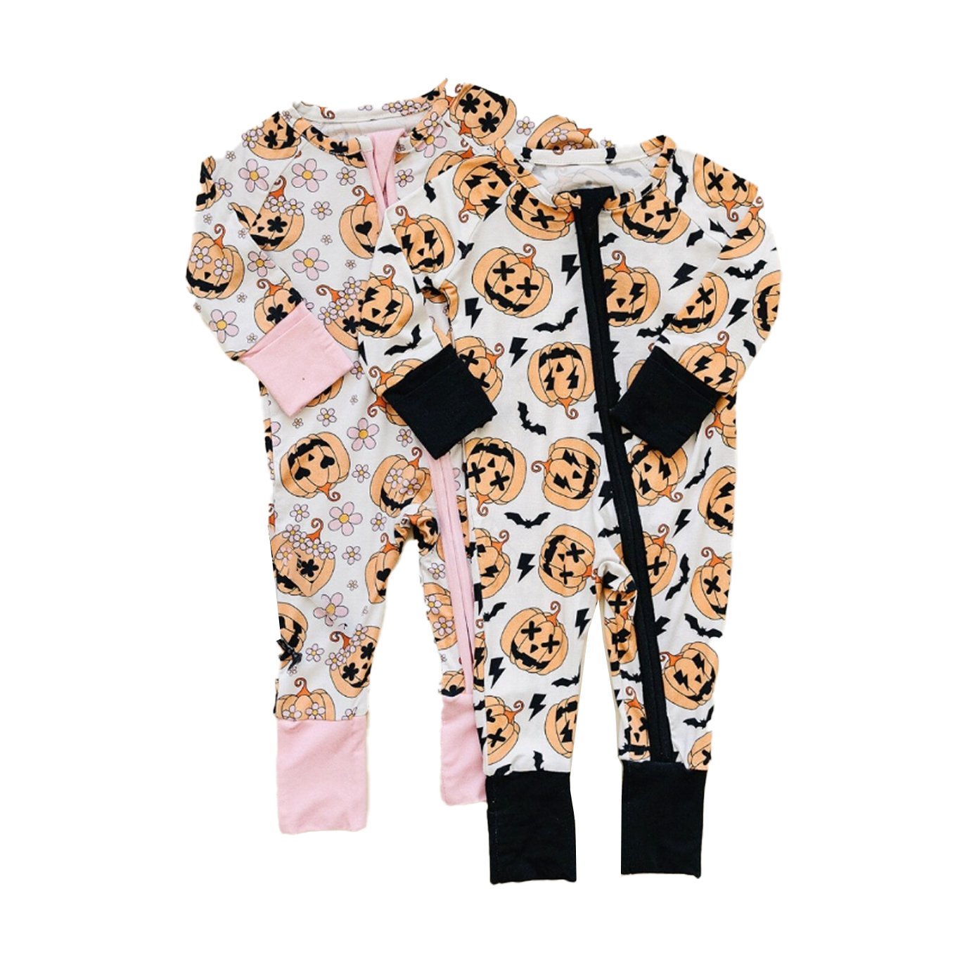 2024 Hot sale Fall girl footie romper Cute Halloween printed elastic bamboo romper with 2 ways zipper
