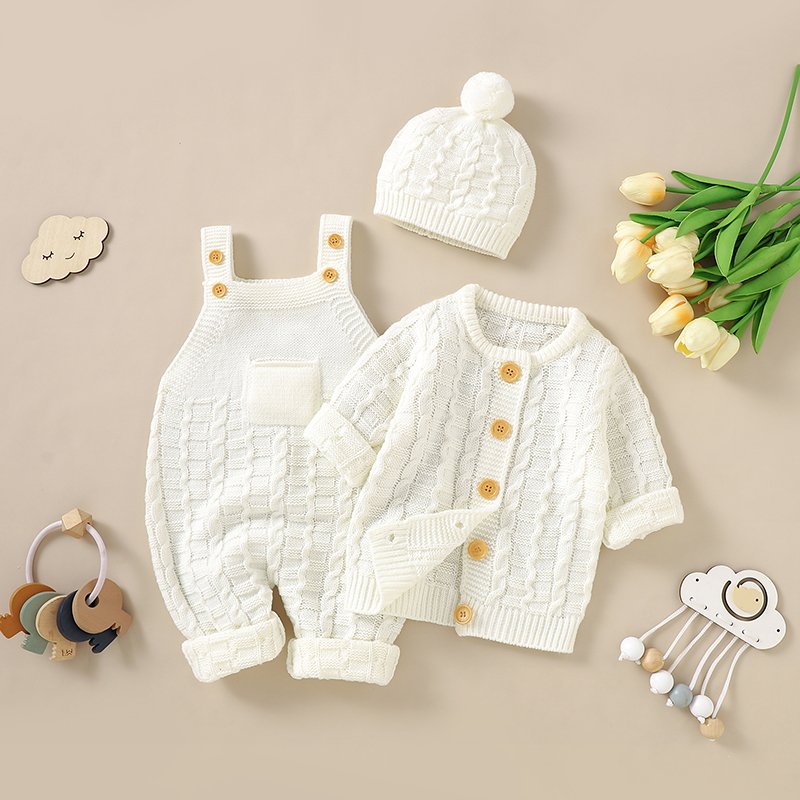INS Customized Mimixiong Knitted Newborn Baby Clothes Sets Sweater Coat Sleeveless Rompers With Hat 3Pcs Sets