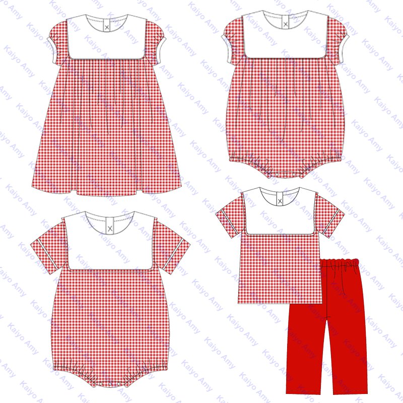 new design 2025 Valentine's Day kids clothing sets red woven gingham bib collar newborn baby romper