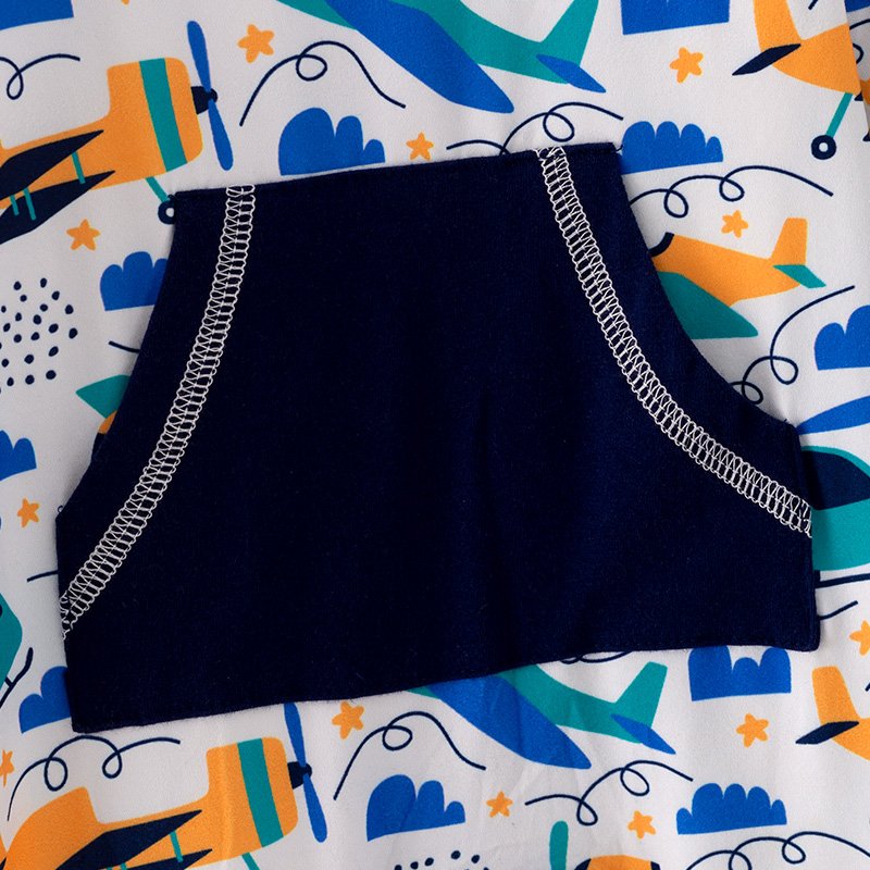 In Stock Infant Baby's Playful Airplane Print Romper Soft and Cozy Long Sleeve Jumpsuit with Kangaroo Pocket Ready to Ship