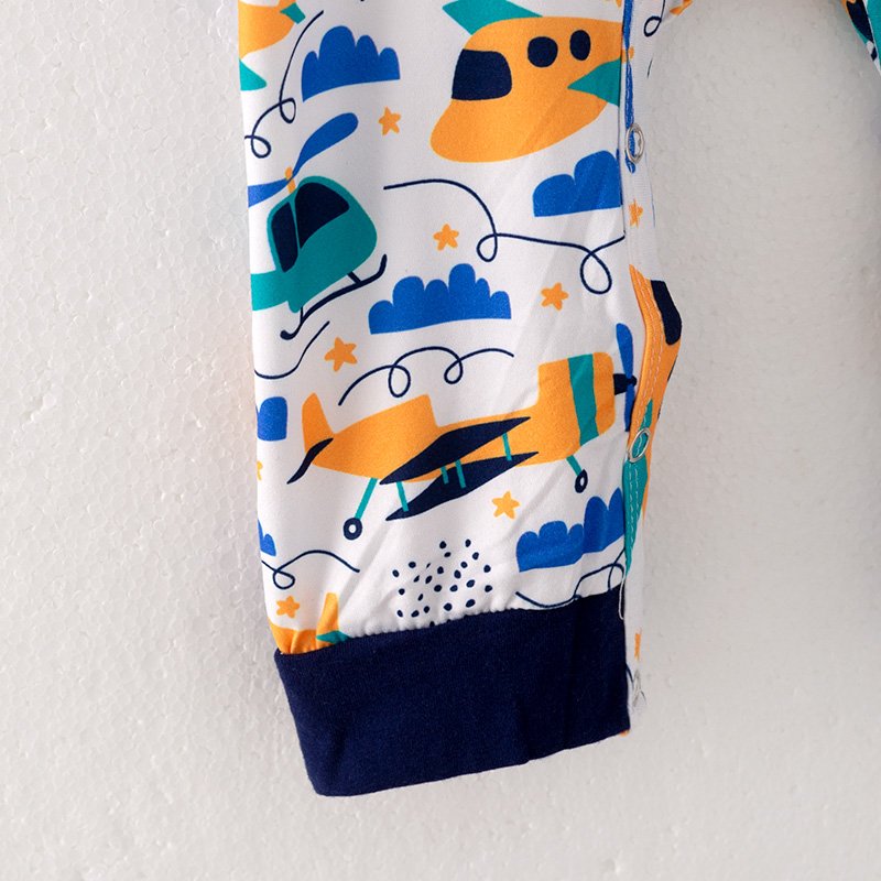 In Stock Infant Baby's Playful Airplane Print Romper Soft and Cozy Long Sleeve Jumpsuit with Kangaroo Pocket Ready to Ship