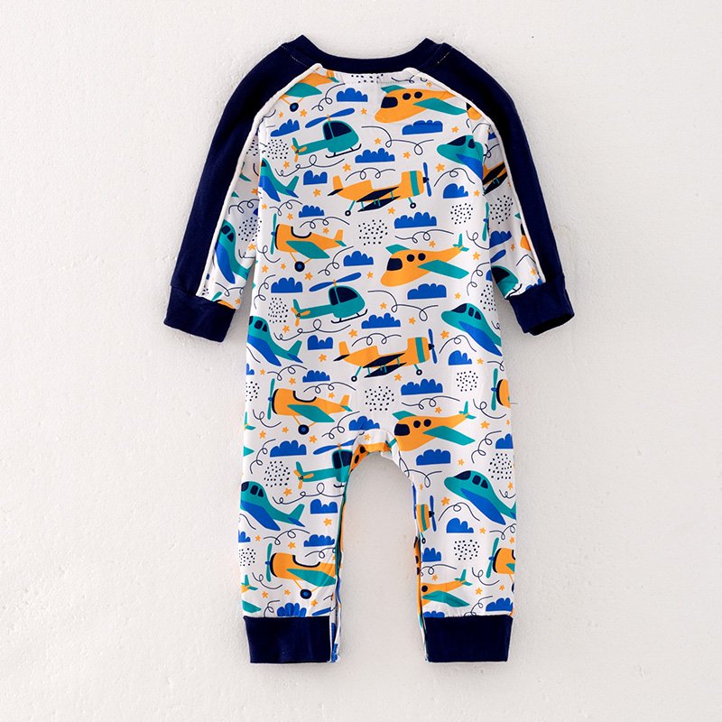 In Stock Infant Baby's Playful Airplane Print Romper Soft and Cozy Long Sleeve Jumpsuit with Kangaroo Pocket Ready to Ship